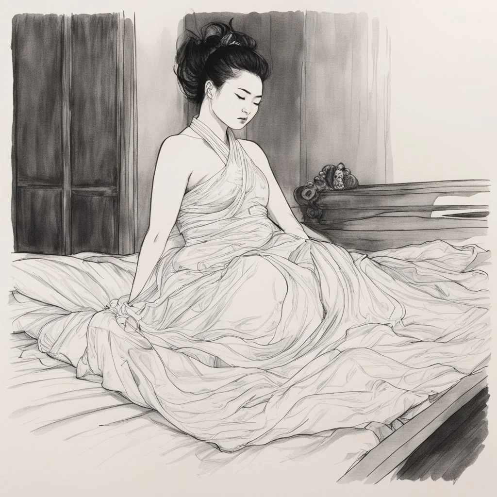 [An ink drawing on paper of Hotei] Dana lies on her bed, possessed by Zuul, she is waiting for the The Gatekeeper. she wears a transparent linen dress