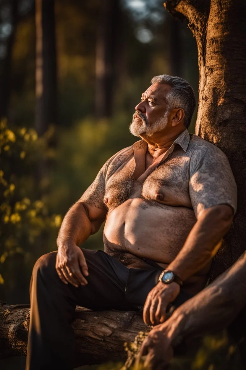 close up photography of a marocan 60 years old seated on a tree trunk in the wood, burly chubby muscular overweight, with opened shirt on manly chest, white bulging boxer, shirtless, hairy , golden hour, tatoo, Cinematic, 35mm lens, f/1.8, accent lighting, global illumination, frontal view from the ground