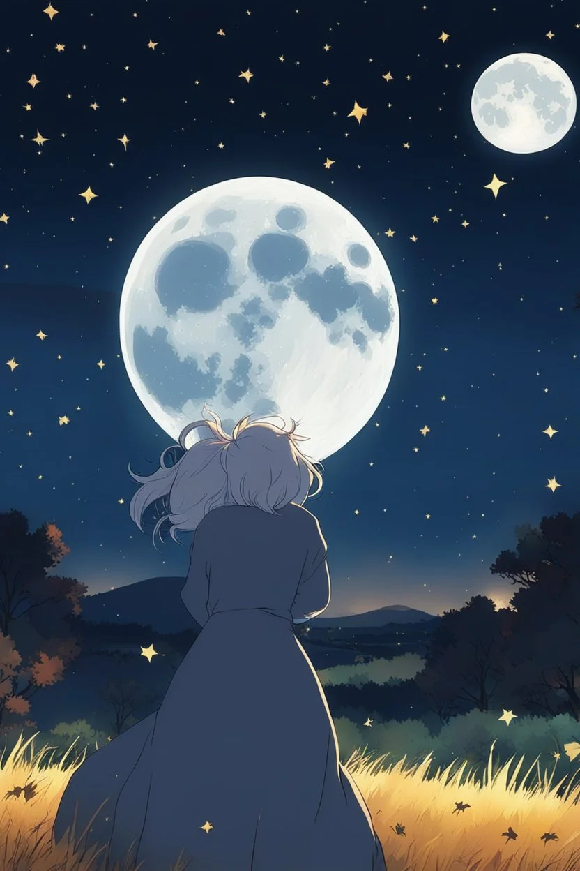 starry night with a full moon in a pasture during fall anime