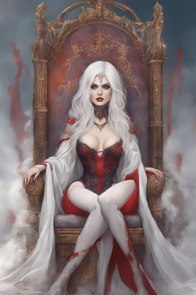 Beautiful white haired Vampire queen on her throne, drawing