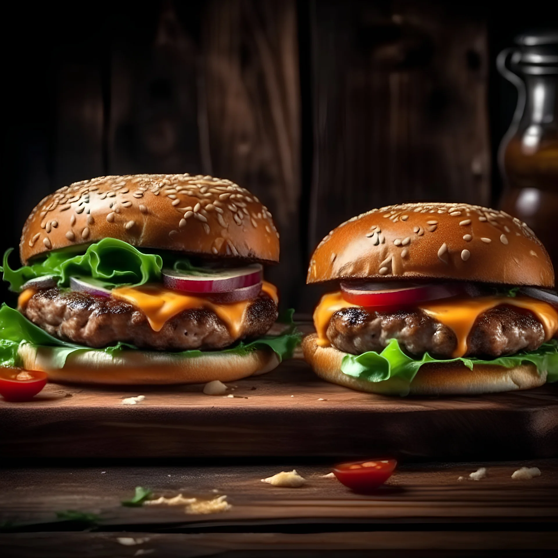 Two delicious homemade burgers of beef, cheese and vegetables on an old wooden table. Fat unhealthy food close-up. With copy space.