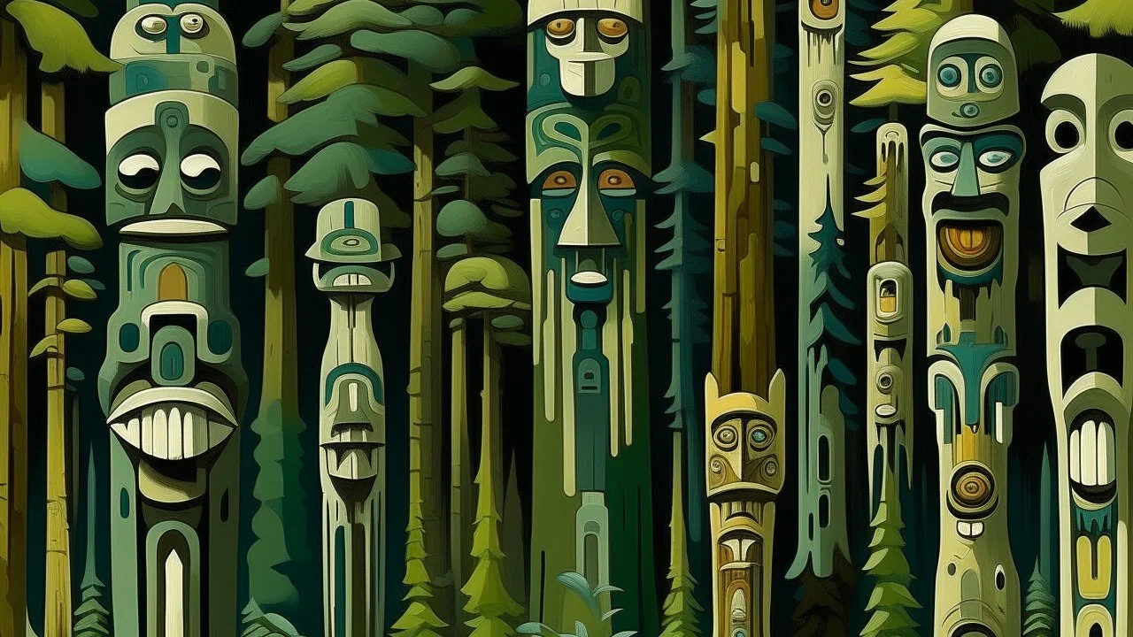 A dark green forest with tribal huts designed in pacific Northwest totem poles painted by Thomas Hart Benton