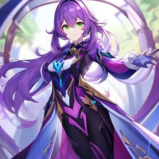 Clear focus,High resolution,High quality, Smiling, Purple long fluffy hair, Green eyes, Wearing a pink mech uniform, Honkai Impact Star Rail