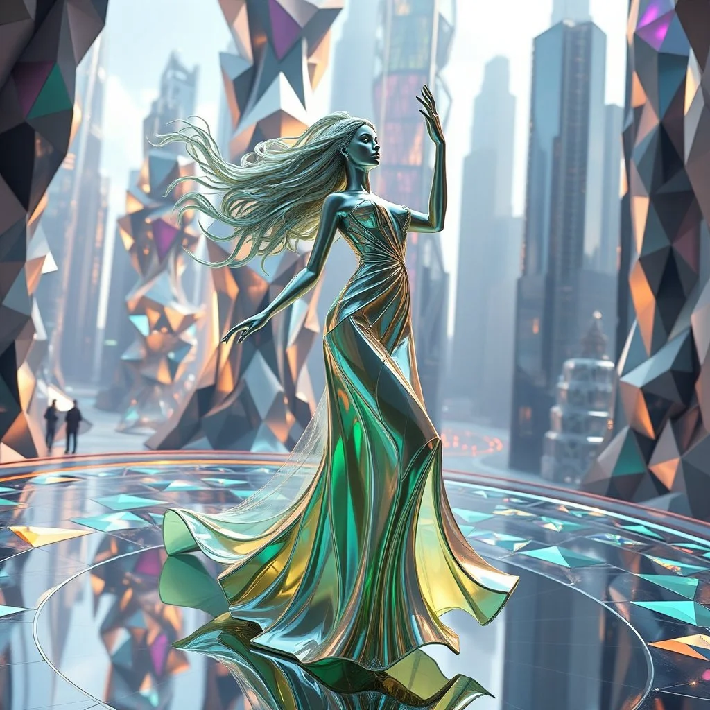 very complex structure ,pretty viberating color environment 3d metalic and crystal recursive animating beveled geometric base very complex structure future world evolving background and goddess realistic modern lady in pretty cleric dress comes out dancing gracefully , viberating color moving very in modern city escap environment while camera tracking it.