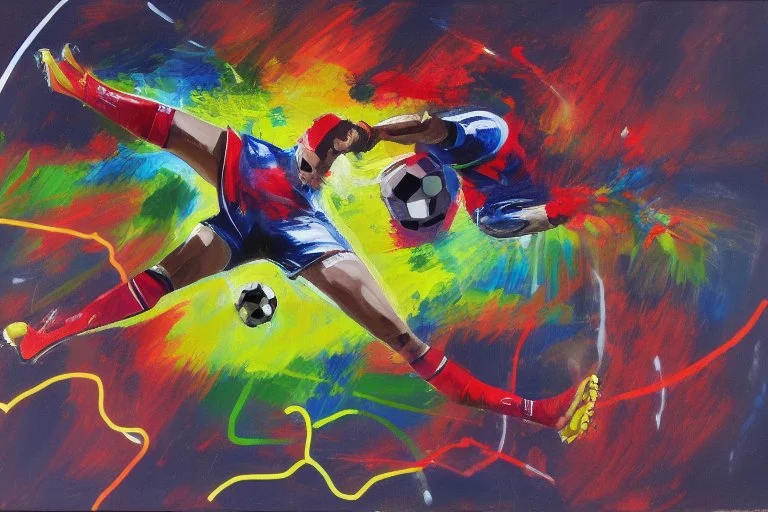 Oil painting, football match, the striker is kicking a goal, the ball is flying, bright but not neon colours, dynamic lines, dynamic blobs, spots, lines in the background of the character, like a colour explosion