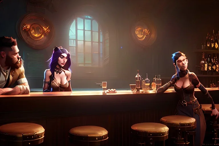 Two beautiful cats in a bar, high-quality, fine-detail, intricate, digital art, detailed matte, volumetric lighting, dynamic lighting, 3D octane render, Marc Adamus, Ann Prochilo, Romain Veillon,