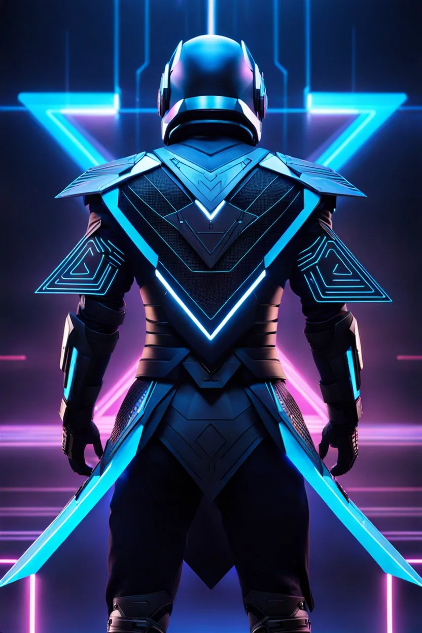 cyberpunk, neon blue, floating triangle of light behind the back, cyber armor, geometric patterns on an armor, male, orbiting triangle