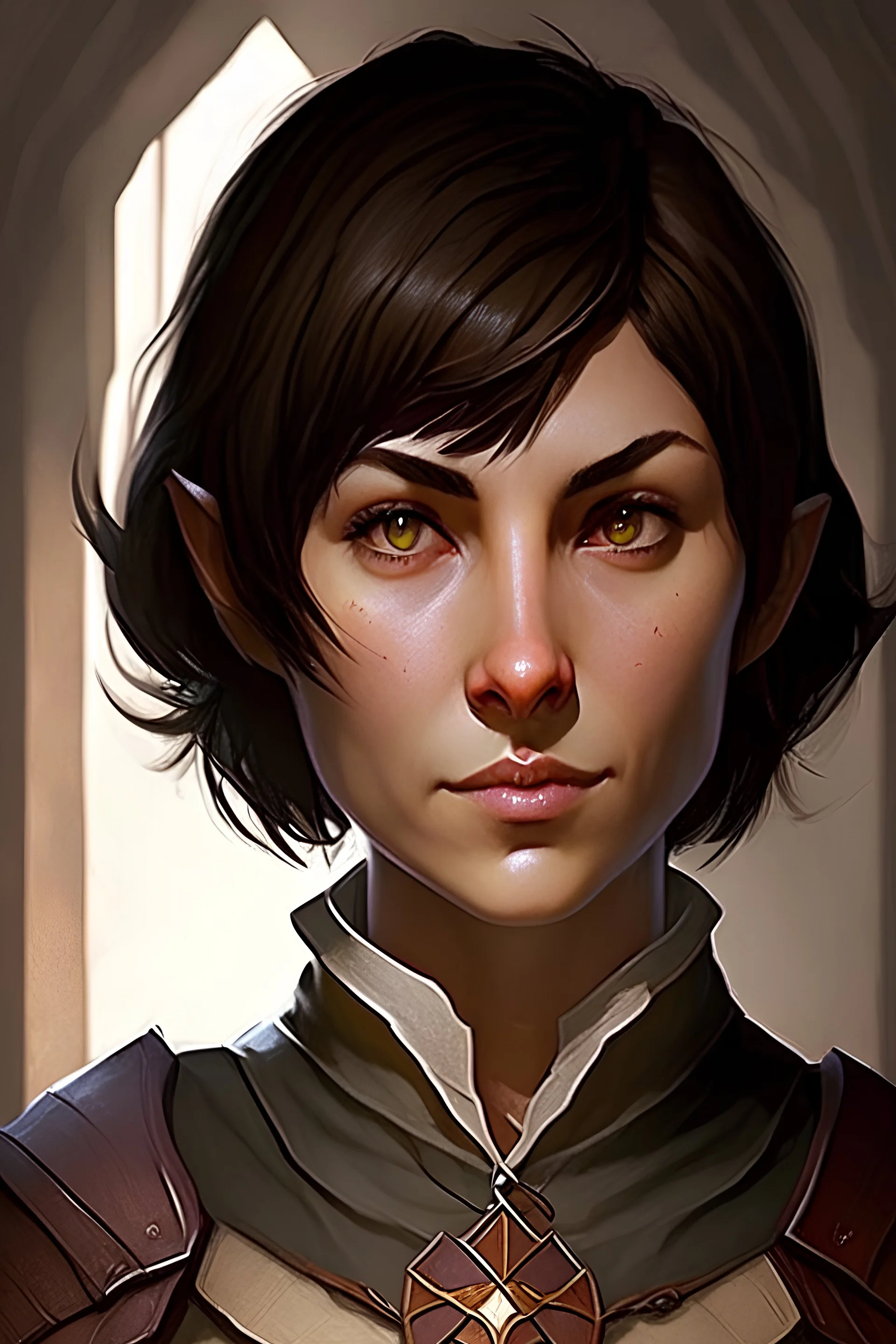 woman, half elf, cleric, dungeons and dragons, short brown hair, brown eyes,