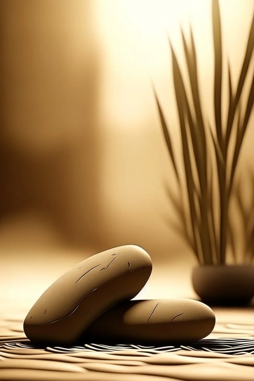 gentle shining background, spa stones and bamboo stem, sand in the background, silhouette of a girl with praying hands on the stones, photorealistic photo