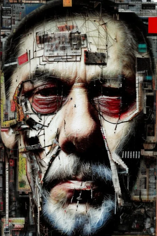 Zoomed in, Ultra detailed medium portrait painting of a tired middle-aged man, unshaved, worried look, suicidal, broken, torn up collage of clippings, broken circuitry background, matrix effects, punk visual art, punk art aesthetic, graffiti art, pop surrealism, collage art, cluttered paint glitches