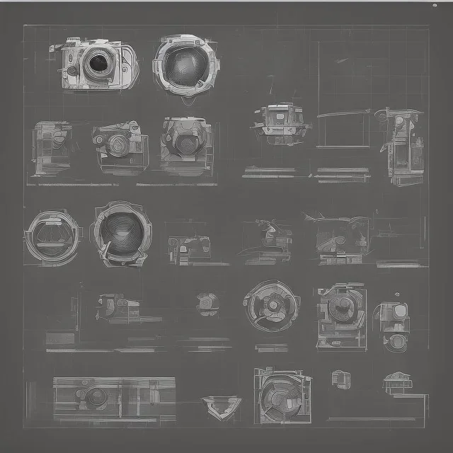 components of the camera laid out flat. poster graphics. high detailed. ink and acrylic.