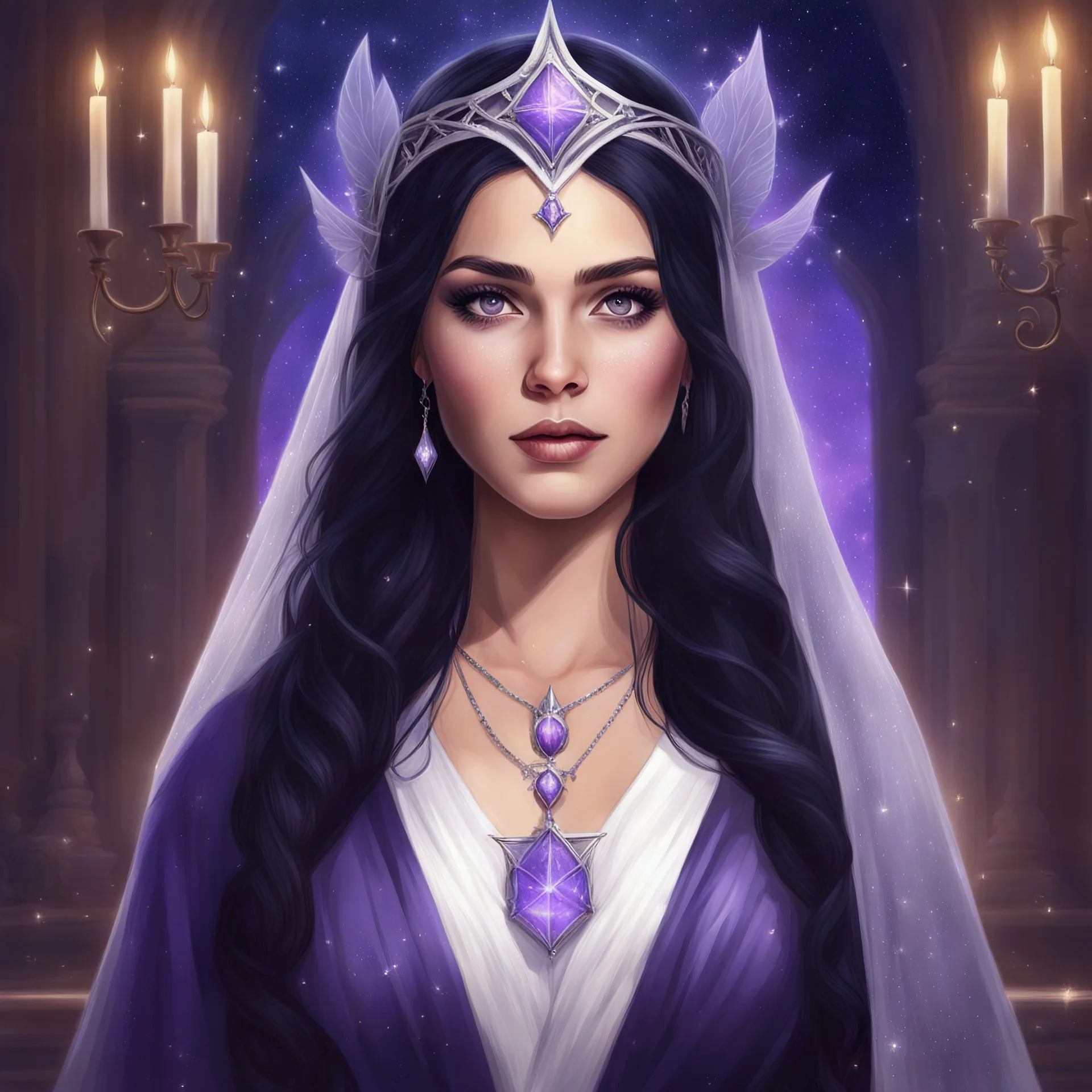 a court of thrones and roses; digital art; portrait; female; faerie; amethyst eyes; black hair hair; young woman; flowing robes; long veil; loose waves; silver circlet; soft clothes; navy blue and purple robes; High Fae; priestess; magic; priestess of magic; stars; cleric magic; young; pretty; absolute;