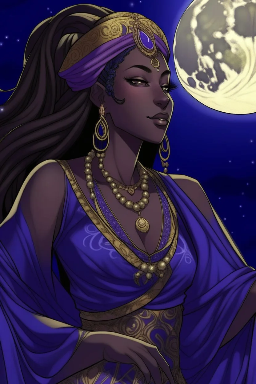 an anime drawing of an 40 year old black woman. she had dark hair in braids and a royal headdress. she is wearing a purple moon-themed african gown