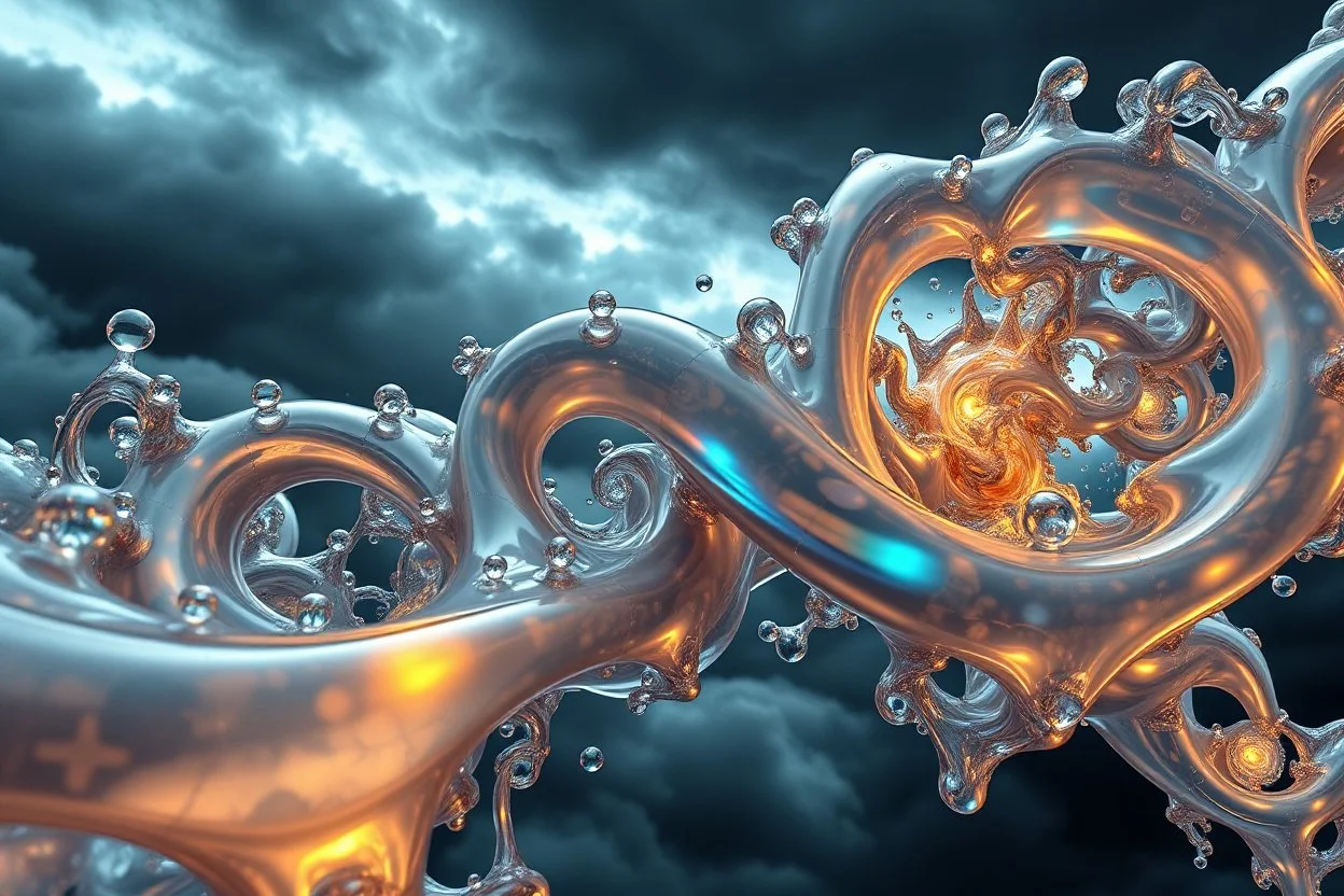 Dynamic complex hypnotic fractal 3D structures with horizontal Symmetry twisting and morphing between organic and geometric forms , smooth translucent iridescent glass with inner glow and bubbles, varied transparent materials, stormy skies, intense dramatic