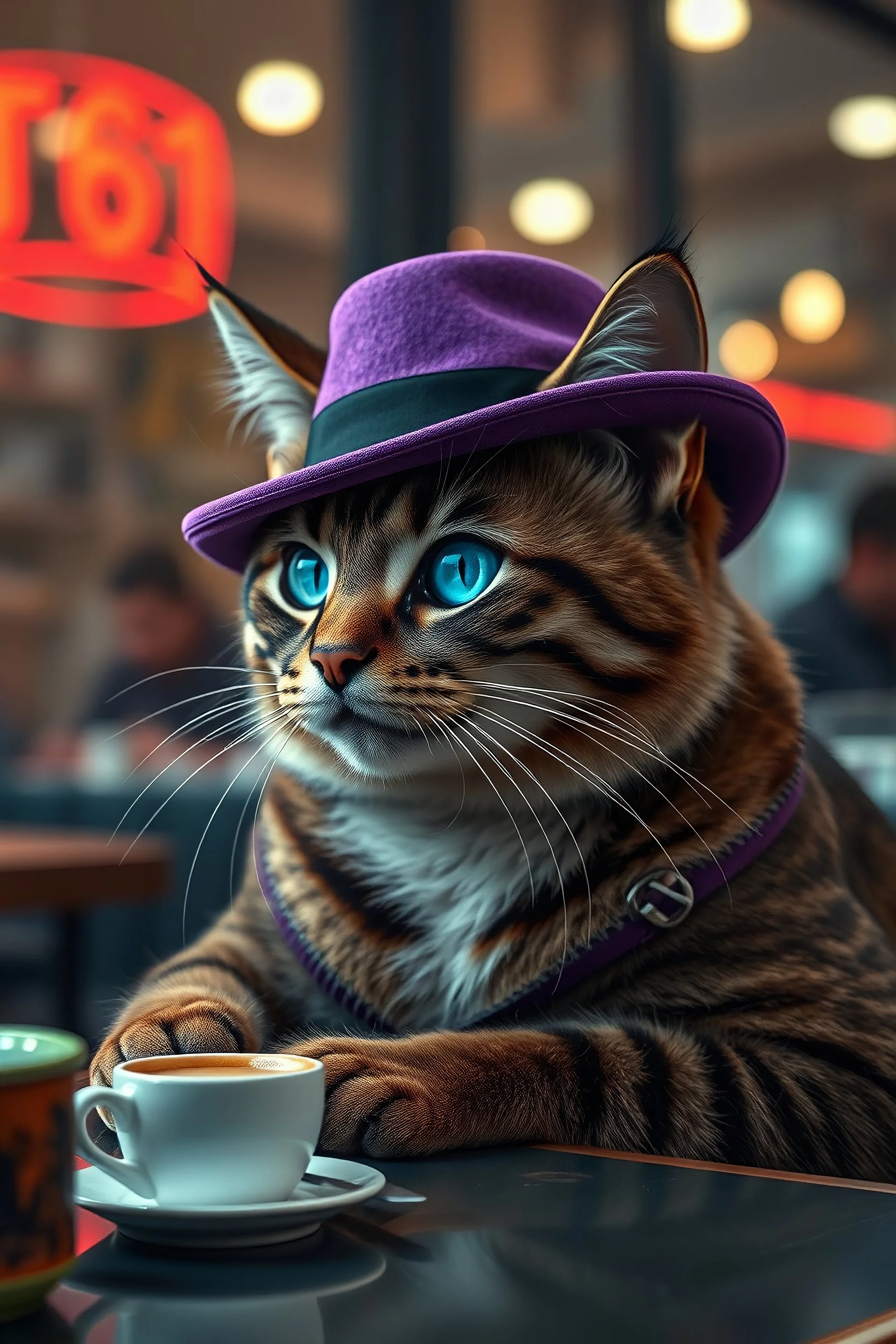 smiling cyberpunk cat in purple bowler hat with blue cyber eye sitting in cafe drinking coffee, photorealistic, perfect composition, cinematic shot, intricate details, hyper detail, cool color palette, muted colors, very detailed, sharp focus