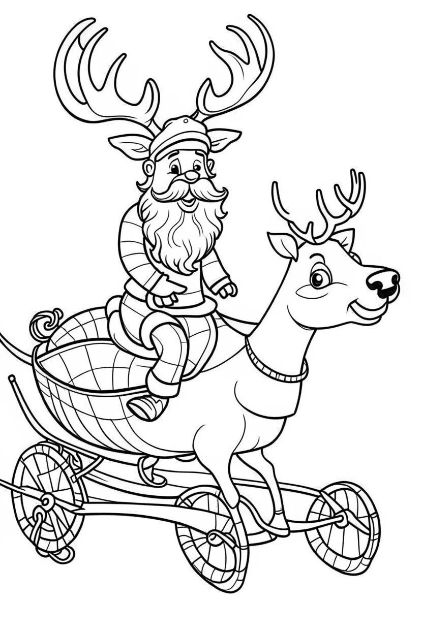 coloring page for kids, Santa with his sleigh and reindeer., cartoon style, thick outline, low details, no shading, no color