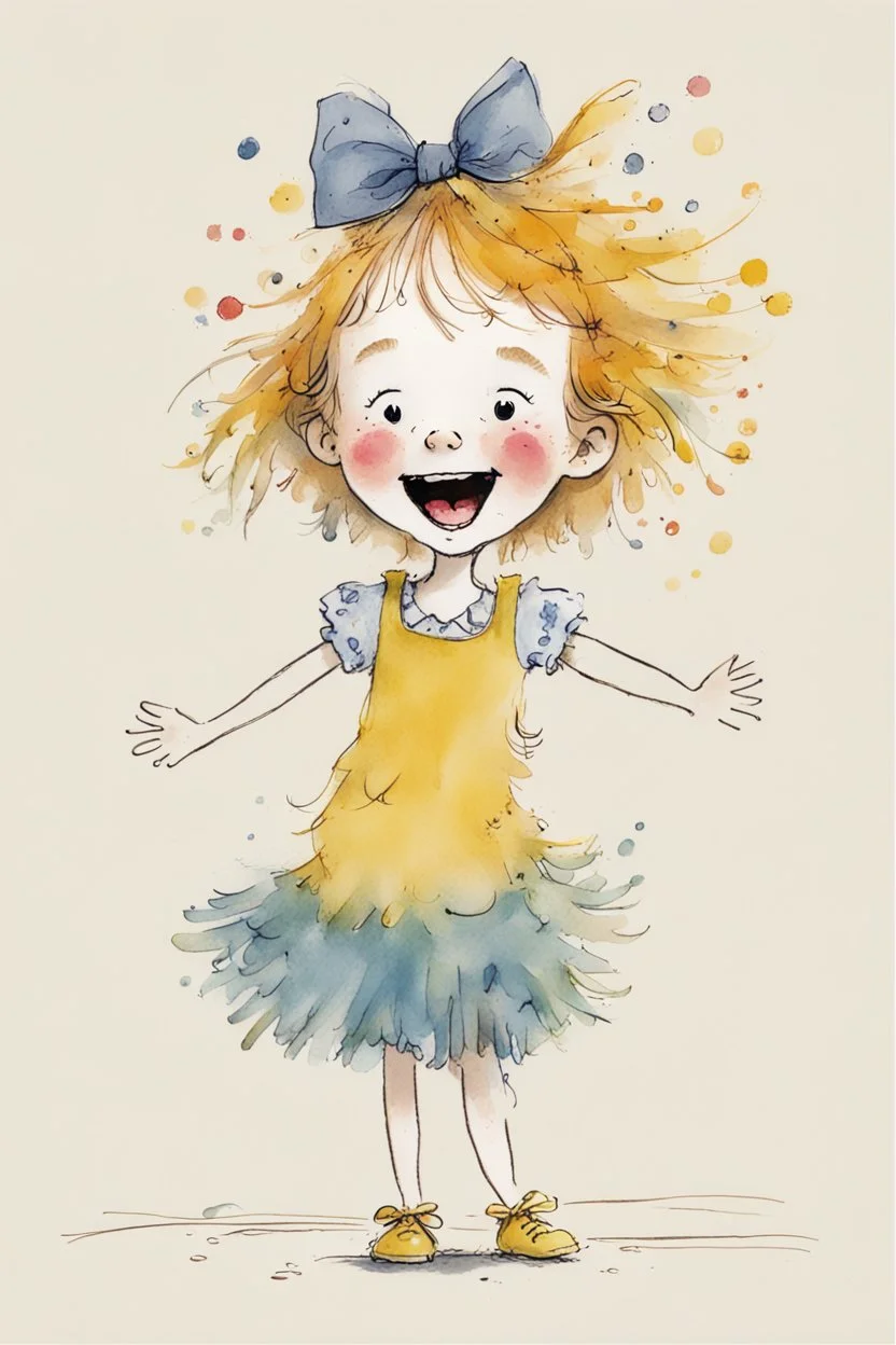 A whimsical colored illustration by Quentin Blake depicting a cute, funny happy 5 year old girl with yellow unkempt hair, wearing tufts of hair high on her head and wearing a bow.