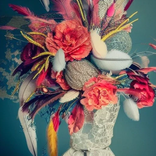 delicate arrangement of lace pearls and feathers, chiaroscuro, vivid colors, festive colors, dramatic lighting, beautiful composition, aesthetic layout