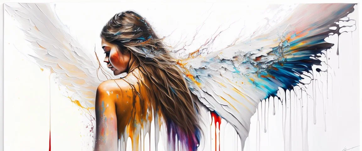 A detailed illustration of a beautiful young female human with growing out of her back. Her skin, hair and face are all made of paint. Her wings are spread. Highly detailed flawless facial features and eyes. Abstract Oil painting splash art. White background, wide angle, abstract design, beautiful, thick flowing paint strokes, dripping paint, fantasy art, modern art, ((soft happy complimentary colors,)) modern aesthetic, focused on the character, 4K resolution.