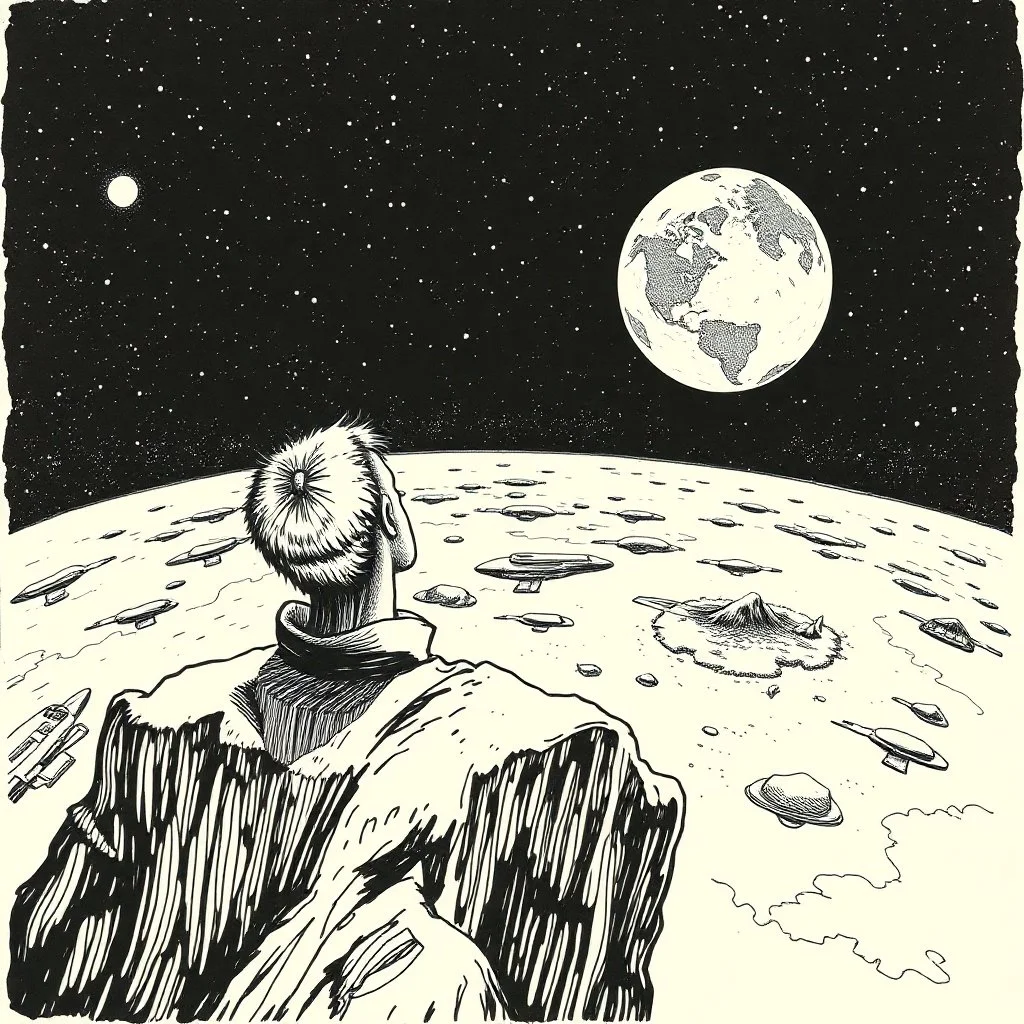 a alone man. pen and ink, birds eye view, illustrated by hergé, Background space and earth