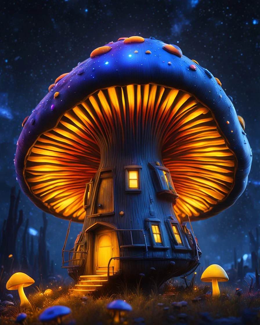 An illogical floating mushroom house on a clear moonless night. . Bright Bold Bright Colors, yellow blue white, Starry Dark cosmic interstellar. Detailed Matte Painting, deep color, fantastical, intricate detail, splash screen, hyperdetailed, insane depth, concept art, 8k resolution, trending on Artstation, Unreal Engine 5, color depth, backlit, splash art, dramatic, High Quality Whimsical Fun Imaginative Bubbly, perfect composition