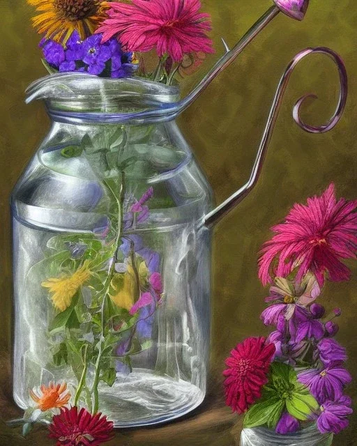 a glass jar watering can filled with flowers , highly detailed, digital art, sharp focus, trending on art station, illustration