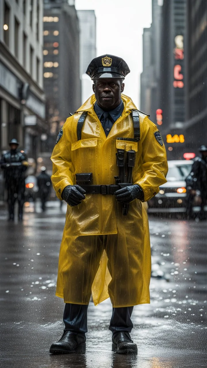 retro nypd full body color blackman policeman wtih exosqueleton with heavy yellow rain transparent coat with riffle on hands