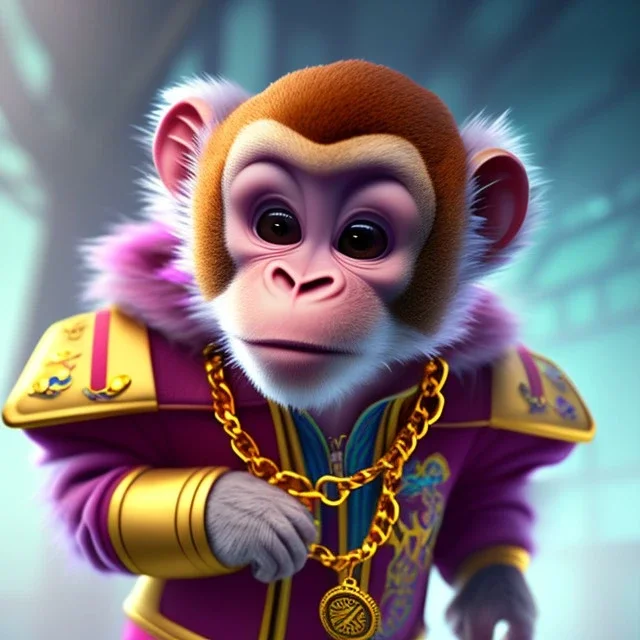 pixar style anamorphic cute monkey baby, gangsta gold neckless, full body, magenta puffer jacket , manila city backdrop, dramatic lighting, hyper-realistic, unreal engine 5, 16k. full detailed,