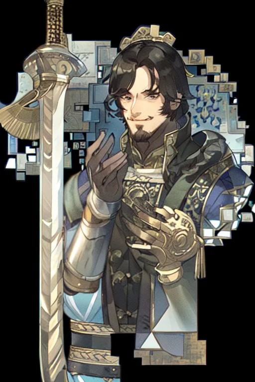 A handsome 30 year old knight, black hair, dark blue eyes, male bob haircut, in black-and-gold plate armor, golden katana in hands, no beard, european, portrait