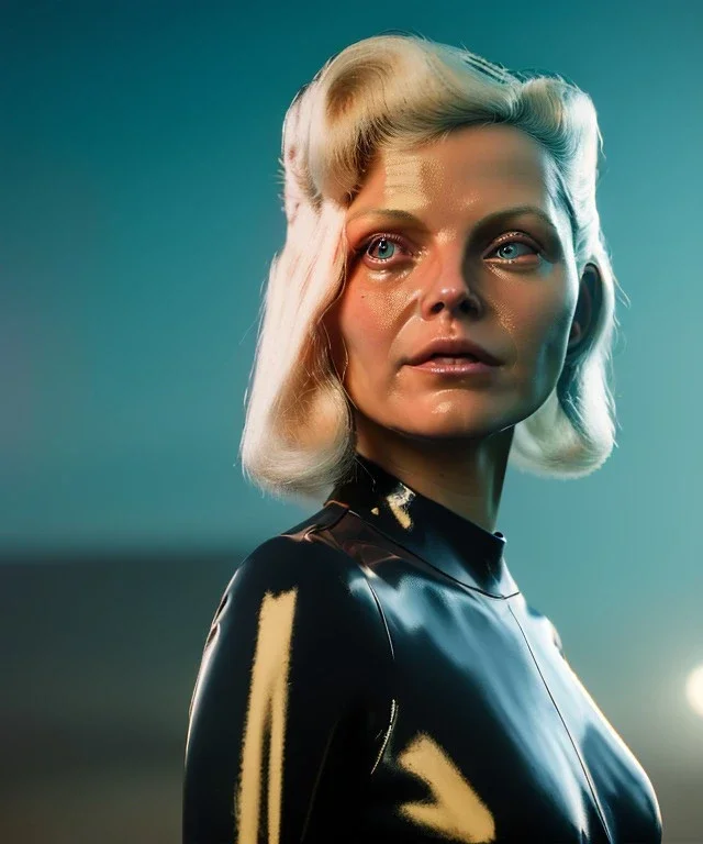 retro sci-fi portrait image from 1980, supermarket parking explosion, fire, scared people, blonde woman walking, young Michelle Pfeiffer face, tight latex suit, soft color, highly detailed, unreal engine 5, ray tracing, RTX, lumen lighting, ultra detail, volumetric lighting, 3d, finely drawn, high definition, high resolution.