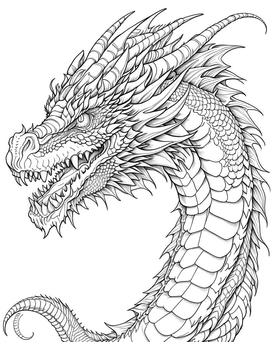 coloring image of dragon, line art, realistic, white background