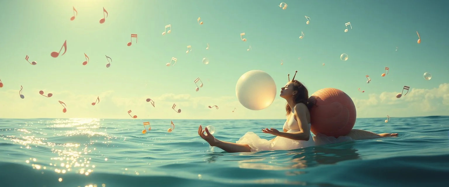 eskimo yoga mind bending bubble gum as a young woman floating transparent music notes in the weirder universe in the ocean with the snail fish king