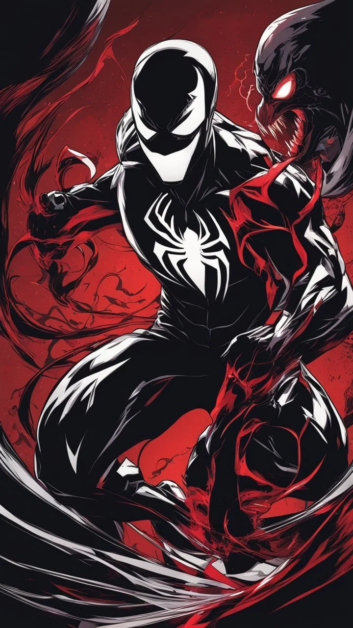 A close picture to Mix between daredevil and venom symbiote in red and black color in solo leveling shadow art style