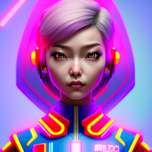 waitress cyber woman, asian, rounded face, pink short hair, purpurin, striped shirt, vibrant color, highly detailed, art stations, concept art, smooth, unreal engine 5, god rays, ray tracing, RTX, lumen lighting, ultra detail, volumetric lighting, 3d, finely drawn, high definition, high resolution.