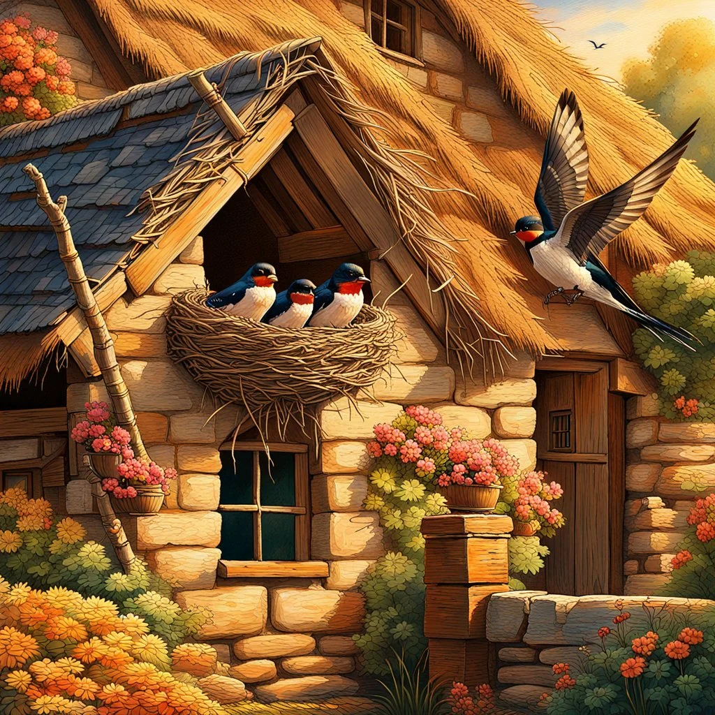 captivating cinematic painting masterfully blending traditional illustration, 3D rendering, and wildlife photography, depicts a picturesque old stone farmhouse with a thatched roof. The harmonious blend of artistic styles creates an atmosphere of serene tranquility, warmth, nostalgia, and timeless beauty. In the cozy home on the roof, three adorable baby swallows rest in their nest, watched over by a swift adult swallow soaring around them. Vibrant hollyhocks cascade along the walls, and hay in