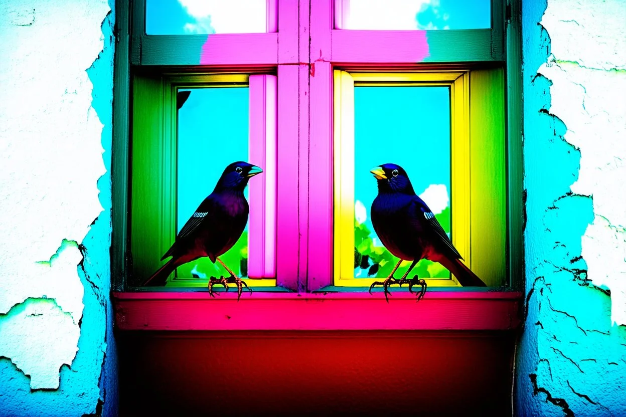 there are two birds sitting on a ledge next to a window, colorful mural on chipped walls, , photomanipulation, pink and yellow, diptych, eye catching composition, open window, open door, double exposure, double entendre, dramatic, dynamic, whizz dynamics, liminal vibe, amazing reflections, great contrasts, excellent verticals, perfect parallels, orange tint, socinlars vibe