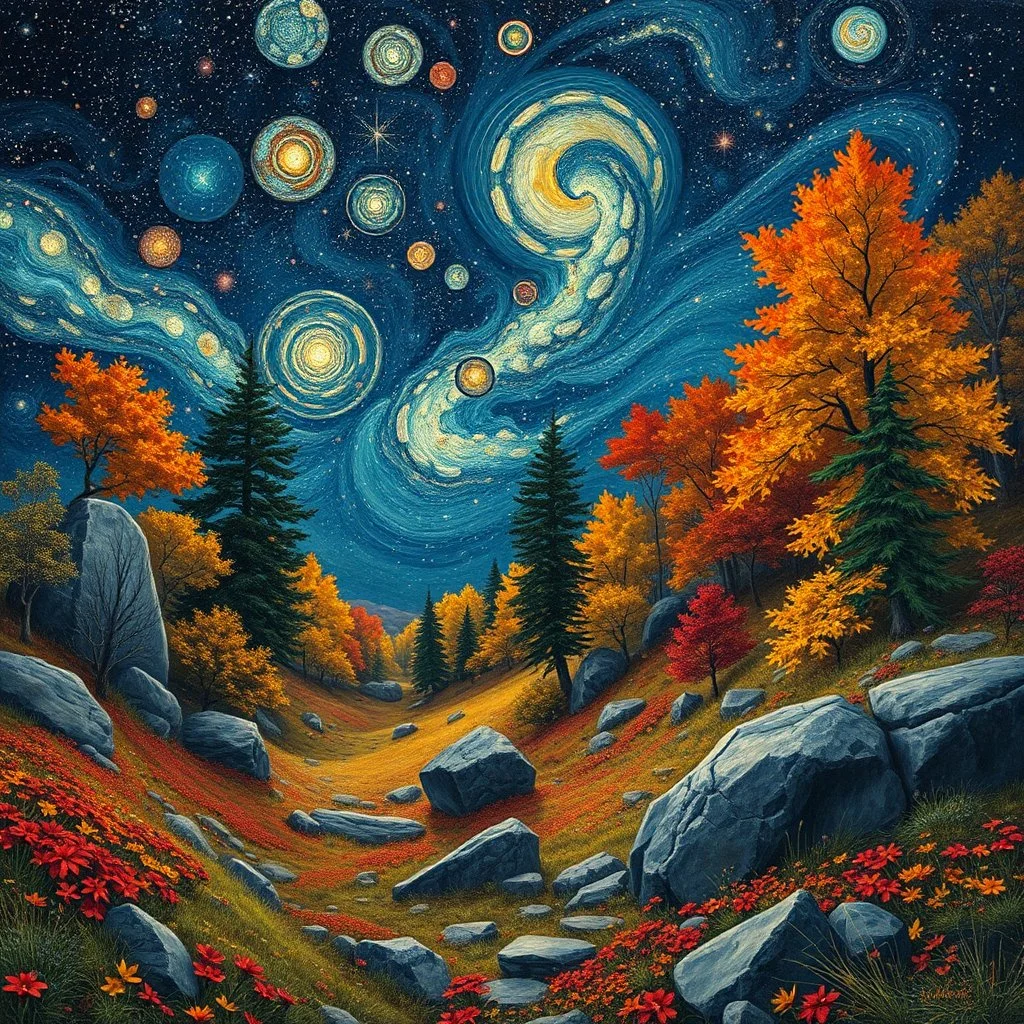 Autumn colors, peaceful, Egon Schiele, Max Ernst, night sky filled with galaxies and stars, rocks, trees, flowers, one-line drawing, sharp focus, 8k, deep 3d field, intricate, ornate, one million strokes. strong colors