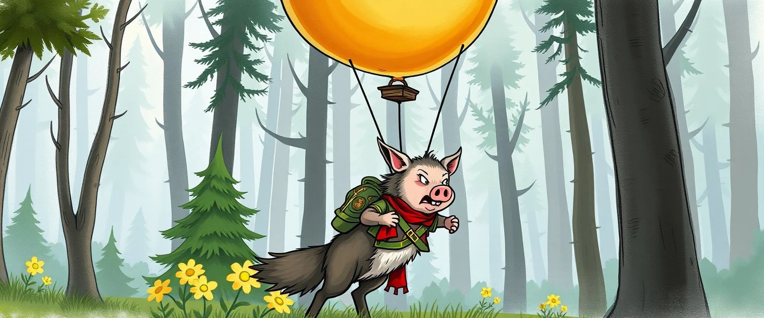wolf with balloon in forest carrying a scared pig general up into the air, stupid cartoon, airbrush and pen outline