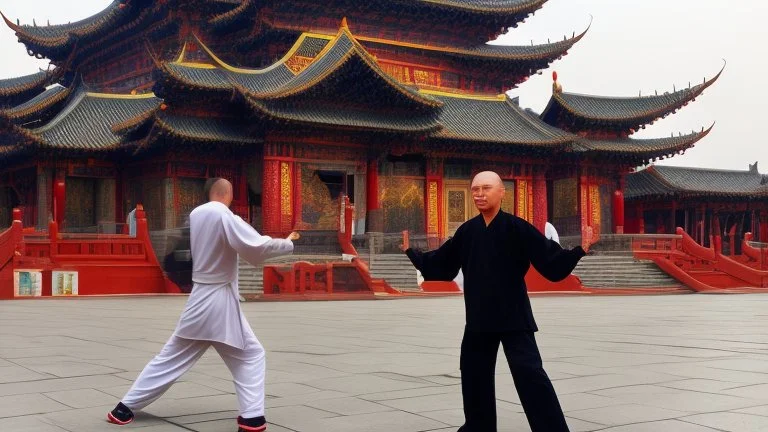 Monk playing tai chi at front of temple mt bu tong in misty morning