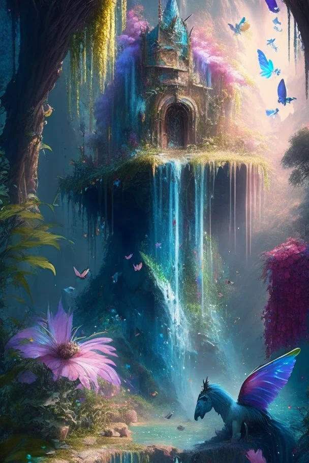 Phantasy landscape.Paradise hauntedgarden, unicorn, bright magic art, splash art, high quality, 8k, digital painting, glitter, waterfall, greenery, butterflies, birds of paradise, gnome's house, trending on artstation, sharp focus, studio photo, intricate details, highly detailed, by greg rutkowski