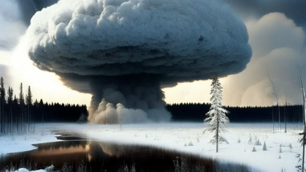 Tunguska event, Siberia scenery,taiga forest,winter, fozen river,heavy clouds, consisting of tall trees and dense vegetation, a mushroom-shaped cloud rises into the sky. The cloud is depicted as a massive column of smoke, dust, and debris, ascending vertically and spreading out at the top, forming a distinctive mushroom-like shape, a barren and desolate scene, with charred remnants of trees scattered across the scorched earth, high resolution photo 24K, high quality, ultraHD, cinematic lighting,