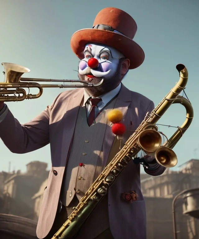 mechanoid old friendly fat clown with trimmed beard playing jazz with a steampunk theme, trumpet, realistic