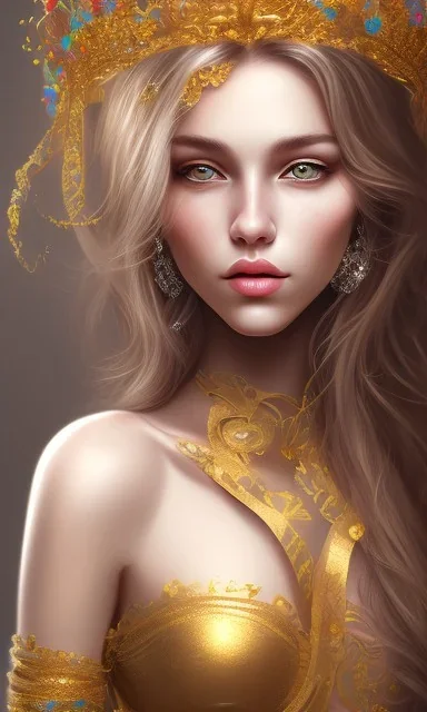 Portrait of beautiful women, correct facial symmetry, golden crown, dark brown hair, dark background, white flowers around, loish, painting, 8k, colorful, brush strokes,