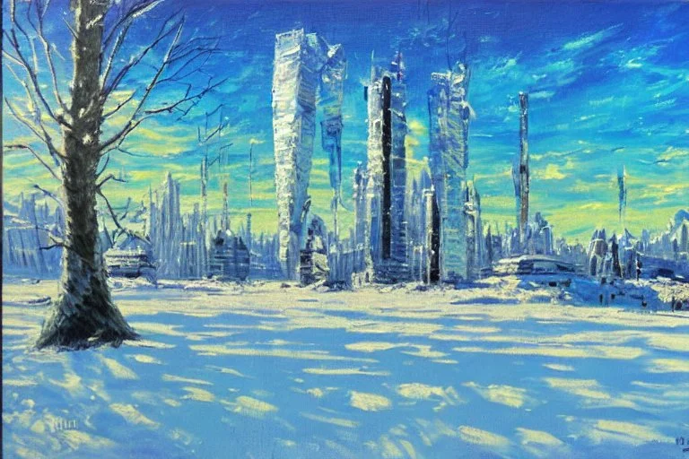 Sunny Day, futuristic buildings near the tree and frozen lake zone, sci-fi, impressionism painting