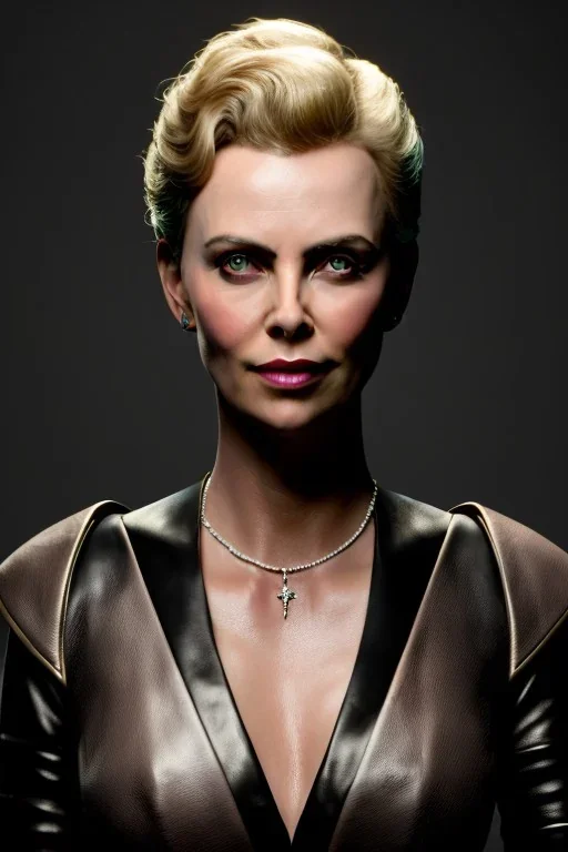 portrait of charlize theron as evil queen in black leather gown, leather, angry, stern look, volumetric lighting, particales,highly detailed,cinematic, deep colours,8