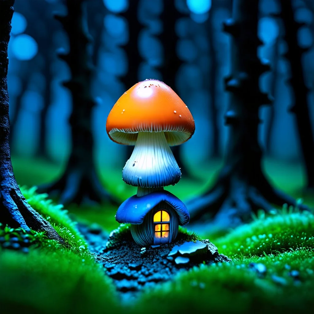 "Close up of a wonderful tiny Mushroom Tower home. Orange and blue with bright white, deep black and contrasting tones of gray. Illuminated bioluminescent forest. Professional painter, master at composition. small but detailed. broken, blurred background, voluminous lighting"