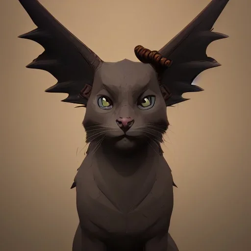 cat gargoyle with goat horns and wings on its back Nick Harris style