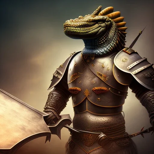 photograph of a warrior with crocodile themed armour. extremely detailed. dslr. 85 mm.perfect position, unreal engine