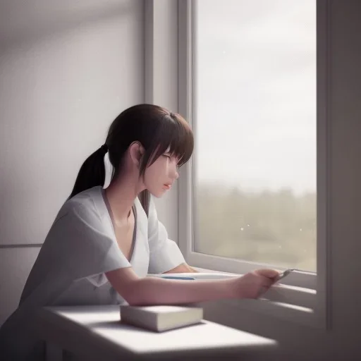 female student studying by the window, anime style,perfect face, cool face, ultra detail, unreal engine 5, cinema4d, sun light, studio lighting --ar 1:1 --v 4