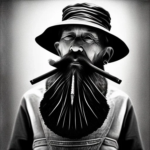 pencil Black and white Portrait of old fishermen sitting on a chair ,long beard, smoke coming out wooden tobacco pipe ,wearing a bucket hat, fantasy 8k by Van Gogh